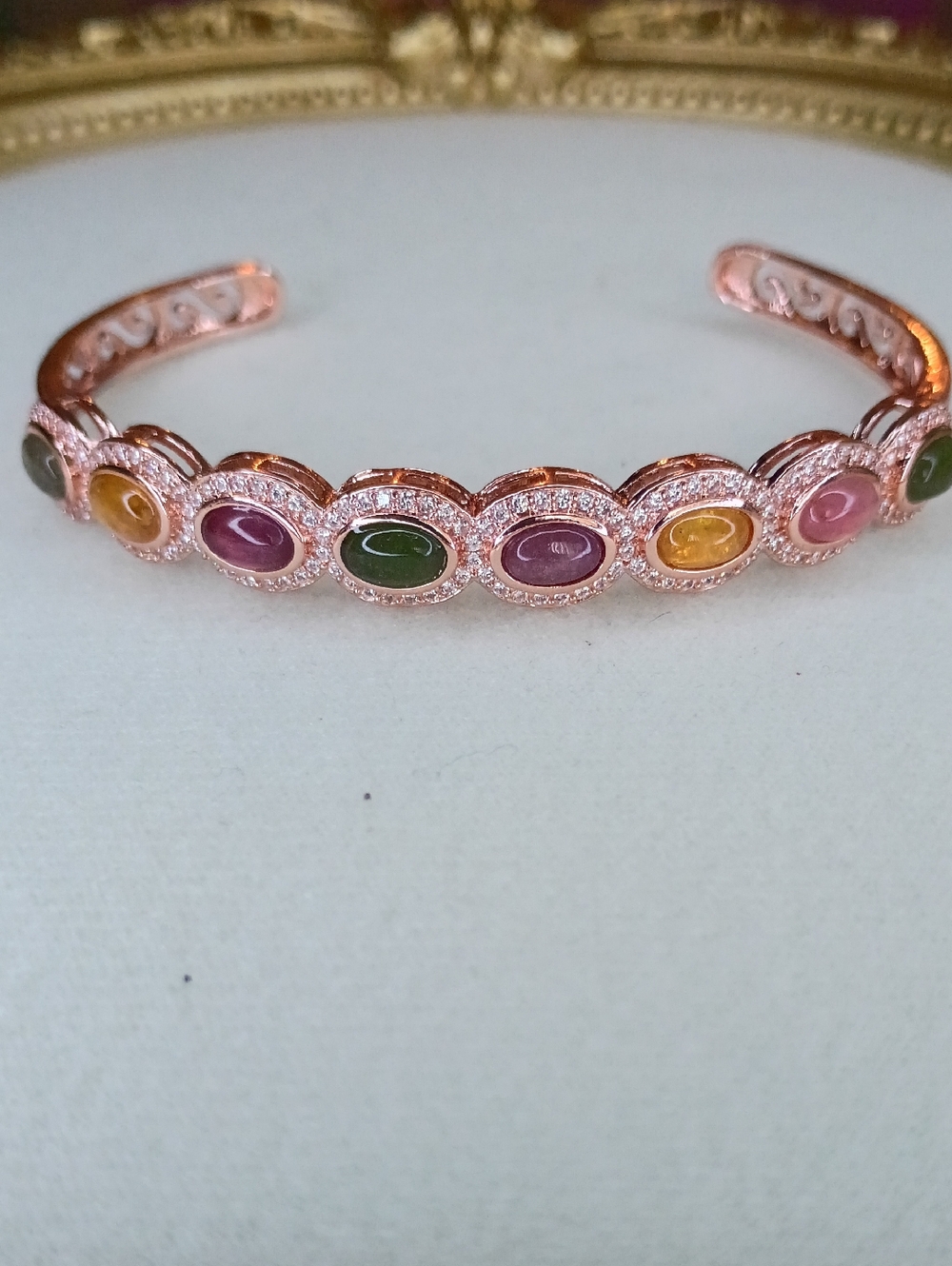 New Multicolor Oval Stone Open Cuff Bracelet - Rose Gold